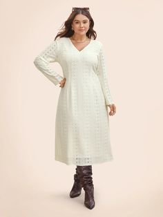 Solid V Neck Broderie Anglaise Dress – BloomChic Chic V-neck Eyelet Dress, Chic Eyelet V-neck Dress, Long Sleeve Eyelet Dresses For Spring, Chic Long Sleeve Broderie Anglaise Dress, Broderie Anglaise Long Sleeve Day Dress, Chic Eyelet Midi Dress, Casual Long Sleeve Dress With Cutwork Hem, Casual Long Sleeve Broderie Anglaise Dress, V-neck Lace Dress With Broderie Anglaise