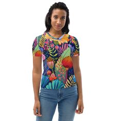 Get to know your new favorite tee—it's super smooth, super comfortable, and made from a cotton touch polyester jersey that won't fade after washing, now offering FREE SHIPPING to the US, Canada, EU, and UK! The artwork This artwork is a vivid and richly detailed depiction of a variety of African flowers, showcasing a tapestry of vibrant colors and intricate patterns. The piece features a dynamic assortment of floral elements, including large, bold blossoms and delicate foliage, all set against a Trendy Multicolor All-over Print T-shirt, Multicolor Crew Neck T-shirt With Plant Print, Colorful Sublimation Print Short Sleeve Tops, Colorful Short Sleeve Tops With Sublimation Print, Multicolor All Over Print Short Sleeve T-shirt, Multicolor Print All Over Print Short Sleeve T-shirt, Multicolor Print All-over Print Short Sleeve T-shirt, Fitted Multicolor Print T-shirt With Short Sleeves, Fitted Floral Print T-shirt With Crew Neck