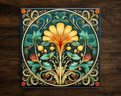 an intricately painted tile with flowers and leaves on a wooden surface, in the shape of a circle