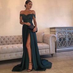 Dark Green Prom Dresses, Split Prom Dresses, Off Shoulder Evening Dress, Evening Dress Long, Green Prom, Sweetheart Prom Dress, Prom Dress Styles, Formal Party Dress, Green Prom Dress