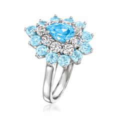 Ross-Simons - 2.30ct t. w. Swiss, Sky Blue Topaz Ring, 1.30ct t. w. White Zircon. Size 8. Catch everyone's eye when you wear this dazzling cluster of gems! Our lively ring features a .90 carat pear-shaped Swiss blue topaz haloed by 1.40 ct. t. w. sky blue topaz and 1.30 ct. t. w. white zircon rounds. Crafted in polished sterling silver. 3/4" wide. White zircon and sky and Swiss blue topaz ring. Blue Topaz birthstones are the perfect gift for December birthdays. Sky Blue Topaz Ring, Swiss Blue Topaz Ring, Topaz Birthstone, Sky Blue Topaz, Ring Blue, Swiss Blue Topaz, Blue Topaz Ring, Topaz Ring, Pear Shaped