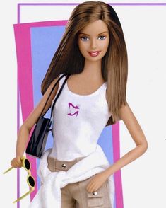 a barbie doll is holding a purse and wearing a white shirt with pink letters on it