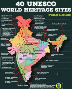 the world heritage sites are shown in red and green, along with their respective locations