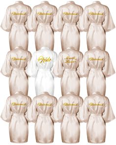 PRICES MAY VARY. Complete Set: our 12 pieces robe set includes 1 white bridal robe, 1 chief bridesmaid robe, and 10 bridesmaids robes; Nice for any wedding party Elegant Design: our robes feature a beautiful kimono style design with a low neckline and belt, and are adorned with eye catching gold glitter; Plus, the words "Bride," "Maid of Honor," and "Bridesmaid" are printed on the back Comfortable Material: made from lightweight, breathable polyester, our robes are soft to the touch and won't wr Bridesmaid And Bride Robes, Wedding After Party Sweatsuit, White And Gold Wedding Theme Bridesmaid, Getting Ready Wedding Outfit, Champagne Bridal Party, Wedding Prizes, Maid Of Honor And Bridesmaid, 10 Bridesmaids, Bridal Party Outfits