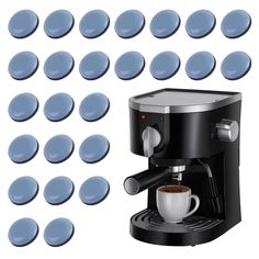 an espresso machine surrounded by blue circles and coffee cup on the left side