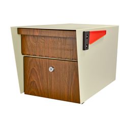 an office file cabinet with a red handle on the front and bottom panel, made of wood