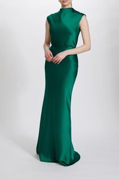 Fluid Satin high cowl neck A-line Dress. Shown in Emerald. It is possible to have this style Made to Order in any of our standard Fluid Satin colors, please reach out to customerservice@amsale.com to place an order. High Cowl Neck Dress, Green Cowl Back Party Dress, Green Cowl Back Dress For Party, Formal Fitted Maxi Dress With Cowl Neck, Formal Fitted Dress With Cowl Back, Green Cowl Back Dress, Fitted Silk Maxi Dress With Cowl Neck, Silk Cowl Neck Fitted Maxi Dress, Fitted Silk Dress With Cowl Neck