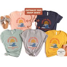 The perfect retro weathered beachy vibe for any group of friends or family headed on a beach vacation.  In sizes available for the whole family, these matching shirts will elevate your trip and create a lasting memory making it that much more special.  Customize your shirts with your group name, location, and year.  Contact me if you are interested in other shirt styles, ie. sweatshirts, adult v-neck shirts, or tank tops. TO ORDER: - Select Color - adult sizes available in all listed colors, see Casual Pre-shrunk T-shirt For Family Reunion, Short Sleeve Tops For Family Summer Events, Family Summer T-shirt With Crew Neck, Family Matching Summer T-shirt With Screen Print, Family Matching Tops For Summer, Casual Blue Tops For Family Vacation, Blue Cotton Tops For Family Vacation, Casual Tops For Family Occasions In Summer, Summer Family Reunion Graphic Tee