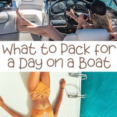 two women in bikinis on a boat with text overlay that reads, what to pack for a day on a boat