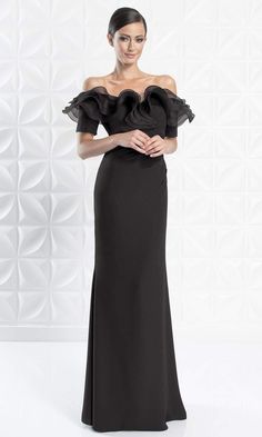 Show off your classy style when you wear this design by Alexander by Daymor 1257. Glams in a ruffled off shoulder neckline with sleeves. The dress has a fitted bodice and a back zipper closure. The skirt highlights your curves as you walk with its full length sheath silhouette. Express your unique persona classic sophistication in Alexander by Daymor. Style: daymor_1257 Details: Sleeves, Ruffled neckline, Gathered side, Sheath skirt, Back zipper Length: Long Neckline: Off Shoulder Waistline: Nat Black Gown Elegant Classy, Off Shoulder Neckline, Long Sleeve Fitted Dress, Maid Of Honour Dresses, Trumpet Dress, Long Dress Design, Long Frocks, Ruffled Neckline, Classy Style