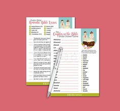 a wedding checklist and pen sitting on top of a pink surface with the bride's names