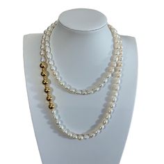 This is a gorgeous 36" strand of Cultered Freshwater pearls which range in size from 8-9 mm. It comes in the original JTV bag with description and original price of $139.00.  All of the accents are 18k gold Vermeil and it weighs 78 grams.  Item #05 Elegant Yellow Gold Pearl Necklace With Polished Beads, Luxury Pearl Necklace With Polished Beads, Elegant Double Strand Pearl Necklace With Polished Beads, Elegant Double Strand Polished Pearl Necklace, Elegant Double Strand Yellow Gold Beaded Necklaces, Elegant Double Strand Yellow Gold Beaded Necklace, Elegant Yellow Gold Double Strand Beaded Necklace, Luxury Long Pearl Necklace With Charm, Elegant White Double Strand Long Necklace