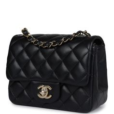 This Chanel Classic Mini Square flap bag is in black lambskin leather with light gold tone hardware and has a front flap with signature CC turnlock closure, tonal stitching, rear half moon pocket and single interwoven black leather and light gold tone chain link shoulder/crossbody strap.The interior is lined in black leather and features a zipper pocket with Chanel pull and an open pocket below.Collection: REV (RFID)Origin: ItalyCondition: New and never worn (plastic on hardware)Accompanied by: Chanel Box, Mini Classic, Chanel Mini, Birkin 25, Celine Bags, Classic Mini, Fendi Bags, Exclusive Bag, Flap Bag