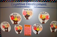 a bulletin board with handprints and writing on it that says, cognitive development