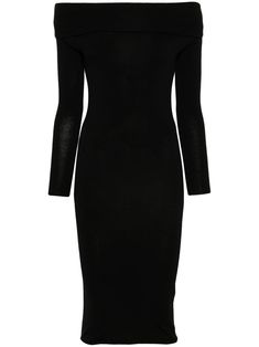 black virgin wool blend knitted construction slip-on style cowl neck three-quarter length sleeves fitted waistline straight hem mid-length Sleek Turtleneck Dress For Fall, Classic Long Sleeve Bodycon Dress, Fitted Bodycon Dress For Winter Workwear, Classic Long-sleeved Bodycon Dress, Fitted Bodycon Dress For Work In Winter, Winter Evening Midi-length Bodycon Dress, Winter Workwear Fitted Bodycon Dress, Classic Fitted Long Sleeve Bodycon Dress, Elegant Winter Workwear Bodycon Dress