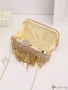 Bird in Bag - Rhinestone Deco Glamour Evening Bag Luxury Bags With Rhinestone Fringe, Luxury Party Bags With Rhinestone Fringe, Luxury Gold Bag With Bling, Luxury Gold Bags With Bling, Luxury Gold Bling Bag, Glamorous Gold Embellished Bags, Elegant Evening Bags With Rhinestone Fringe, Gold Handheld Bags With Rhinestones, Rhinestone Clutch Bag As Fashion Accessory