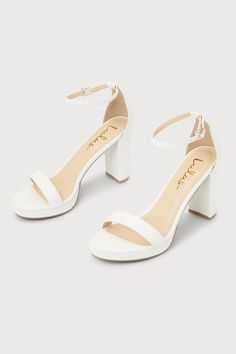 There's nothing you'll love more than how you look in the Lulus Kinsella White Platform Ankle Strap High Heels! These essential heels have a smooth faux leather composition that shapes an almond-shaped toe bed (atop a 0.50"" toe platform) and a slender toe strap. A sturdy heel cup supports a matching adjustable ankle strap that secures with a shiny gold buckle, all atop an eye-catching block heel. 3. 75" wrapped block heel. Cushioned insole. Upper Material: Synthetic. Sole Material: TPR. Man mad Damas Shoes For Quince, Cute Light Pink Heels, Hills For Prom, Hoco Heels White, White Wedges Heels, Homecoming High Heels, White Heels Sparkly, Cute Hoco Shoes, Grad Heels Grade 8