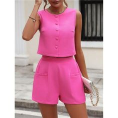 -Item Id 16290180 -Color: Hot Pink -Style: Casual -Pattern Type: Plain -Tops Sleeve Length: Sleeveless -Details: Button, Pocket -Tops Length: Crop -Pants Length: Mini Shorts -Neckline: Round Neck -Top Type: Camisole -Bottom Type: Shorts -Tops & Pants Material: Woven Fabric -Tops & Pants Composition: 95% Polyester, 5% Elastane -Fit Type: Regular Fit -Fabric: Non-Stretch -Care Instructions: Machine Wash, Do Not Dry Clean -Sheer: No **Open To Offers* ** Bundle To Save More!!** **15% Off 3 Or More I Pink Summer Bottoms With Buttons, Pink Buttoned Summer Bottoms, Pink Casual Short-length Sets, Chic Summer Sets With Button Closure, Pink Summer Bottoms With Button Closure, Sleeveless Summer Sets With Buttons, Sleeveless Buttoned Sets For Summer, Pink Short-length Summer Sets, Summer Workwear Sets With Short Length