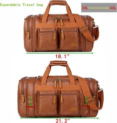 two brown leather duffel bags with measurements for each one and the other side by side