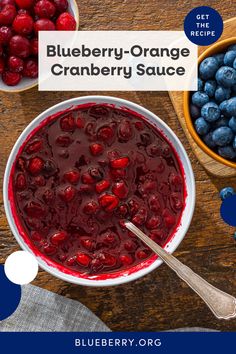 blueberry orange cranberry sauce in a bowl with spoon