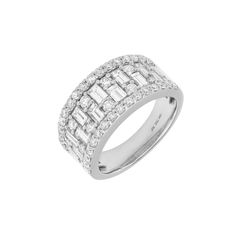 18K White Gold 2.25 Total Diamond Carat Weight Stone Count: 64 Baguette and Round Diamonds Halfway Band Stock Size: 6.75 Baguette Cut Diamond Ring With Pave Setting, Luxury Baguette Diamond Rings In Emerald Cut, Luxury Round Rings With Baguette Diamonds, Formal Baguette Cut Ring With Pave Setting, Luxury Baguette Ring For Formal Occasions, Formal Baguette Channel Set Rings, Baguette Diamond Ring With Vvs Clarity, Formal Rings With Baguette Diamonds In Round Cut, Formal Baguette-cut Diamond Ring With Pave Setting