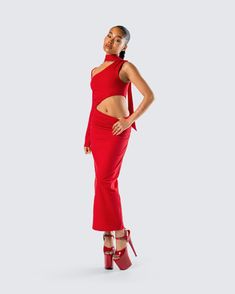 CAUTION: hawt!! 🔥 Set their hearts ablaze in this red midi dress made from stretch jersey fabric, and complete with a one sleeve design, an asymmetrical hemline, cutouts, and a sleek bodycon fit ❤️ Red Jersey, Red Midi, Red Midi Dress, Cargo Pant, Sleeve Designs, Jersey Fabric, Shoe Collection, Dress Making, Jumpsuit Dress