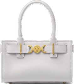 Formal Tote Shoulder Bag With Logo Hardware, White Tote Shoulder Bag With Logo Hardware, Timeless Rectangular Bags With Logo Hardware, Timeless Rectangular Bag With Logo Hardware, Classic Bags With Top Handle And Gold-tone Logo Plaque, Classic Top Handle Bags With Gold-tone Logo, Versace, Tote Bag, Grey