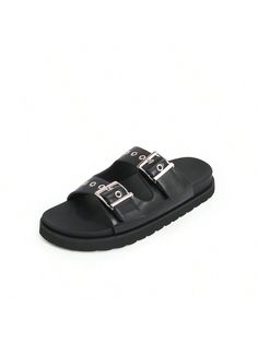 [Fashion Flat Sandals]: The women's black silde sandals have Large metallic buckles with eyelet details , more stylish and distinctive.
[Easy On and Off]:Slip on flat black sandals are convenient for women to slip on and take off. Women's slider slippers are extremely easy to wash and quick to dry.
[Adjustable Design]: Black platform slide sandals with the popular double-buckle adjustable design, you can adjust the width of the foot at will.
[Versatile Style]: These black slide sandals perfect f Summer Slingback Slip-on Sandals With Buckle Closure, Trendy Open Toe Sandals With Metal Pin Buckle, Summer Leather Jelly Sandals With Buckle Closure, Summer Leather Jelly Sandals With Buckle, Summer Sandals With Metal Pin Buckle And Flat Heel, Flat Sandals With Metal Pin Buckle For Summer, Casual Sandals With Adjustable Strap For Party, Summer Mules With Metal Feet And Round Toe, Summer Party Leather Slides