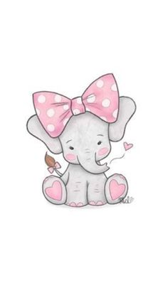 an elephant with a pink bow sitting on top of it's head and holding a heart