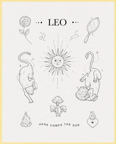 the leo zodiac sign is shown in black and white, with other symbols surrounding it