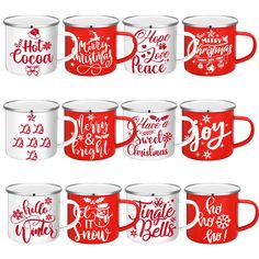 six red and white coffee mugs with christmas lettering on them, all in different designs