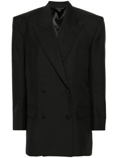 black wool-mohair blend peak lapels double-breasted button fastening shoulder pads long sleeves buttoned cuffs two front flap pockets two internal jetted pockets American rear vent straight hem satin lining Versace Outfit, Iconic Bags, Blazer Black, Boots And Sneakers, Flat Boots, Ballet Flat Shoes, Ski Wear, Wool Blazer, Black Blazers