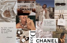 a collage with chanel, sunglasses, and other things on it's side