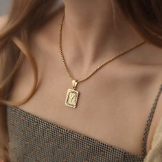 This Gold initial necklace is perfect for everyday wear. Simply stylish and comfortable. 18K Real Gold plated vintage style Square Initial Necklace. Can personalized the text you want in back of necklace. Custom Initial Letter necklace is very popular now as you can see it is gorgeous and Minimalist, every one will love this stunning necklace with their name!!  Unisex !~And it also will be very great gift for family, best friend... or for yourself. Our jewelry pieces come equipped with everythin Rectangle Necklace, Initial Necklace Gold, Gold Initial, Custom Initials, Christmas Gifts For Women, Initial Letters, Letter Necklace, Stunning Necklace, Name Necklace