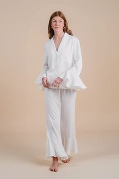 Half Asleep - Sleepwear - Long Sleeve Ruffle Pant Set - Women's Pajamas - Cloud Chic Ruffled Sleepwear For Spring, Elegant Cotton Sleepwear With Ruffles, Relaxed Fit Ruffled Bottoms For Daywear, Chic Spring Sleepwear With Ruffles, Relaxed Fit Bottoms With Ruffles For Daywear, Spring Loungewear Pants With Ruffles, Long Sleeve Ruffled Sleepwear For Loungewear, Ruffled Long Sleeve Sleepwear For Loungewear, Feminine Ruffled Bottoms For Loungewear