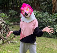 a person wearing a pink and black animal mask standing in the grass with their hands out