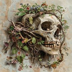 a painting of a human skull with vines and flowers on it's head is shown