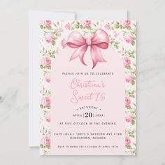 a pink bow and flowers birthday party card