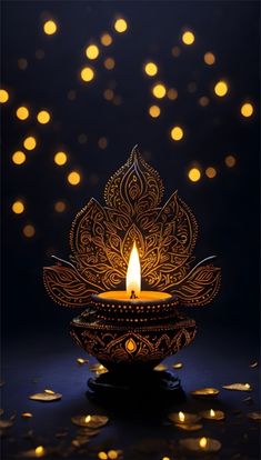 a lit candle in the shape of a lotus on a dark background with gold confetti