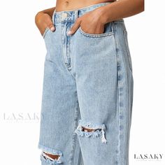 Lasaky - Denim Blue Distressed Wash Straight-Leg Jeans Blue Distressed Cropped Jeans With Relaxed Fit, Light Wash Ripped Cropped Cutoff Jeans, Light Wash Ripped Denim Flare Jeans, Ripped Light Wash Denim Flare Jeans, Washed Blue Ripped Cutoff Jeans, Ripped Washed Blue Cutoff Jeans, Relaxed Fit Blue Ripped Jeans, Summer Ripped Medium Wash Cropped Jeans, Summer Ripped Washed Blue Flare Jeans