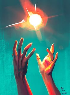 two hands reaching up to the sky with a bright light coming from above them and an object in the distance