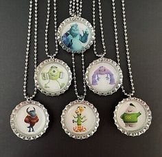 Disney Monster University  / set of 6 necklaces / party favors / gift / kids  | eBay Monster's University, Monster University Birthday, Monster University Party, University Party, Caps Design, Monster Inc Birthday, Twin Birthday Parties, Bottle Cap Necklace, Cap Art