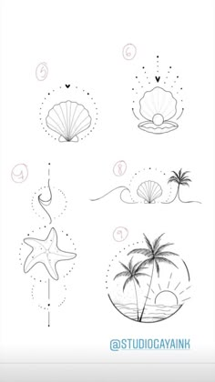 some drawings that are on the back of a cell phone, including shells and palm trees