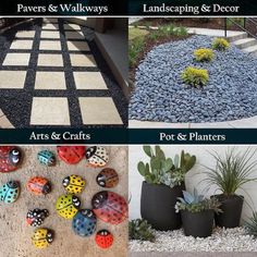 four different types of landscaping and decor in the same area, including rocks, plants, and stones