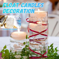 there are candles that have been placed in glass vases