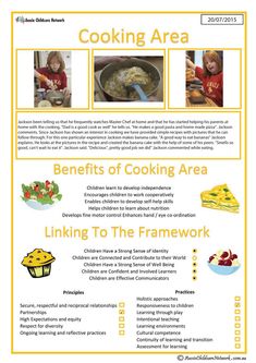 the flyer for cooking area is shown in yellow and white, with pictures of food on it