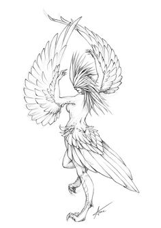 a drawing of a bird with wings on it's back and legs, in the air