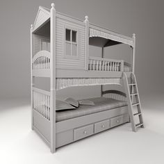 a white bunk bed with drawers underneath it and a ladder to the bottom that leads up