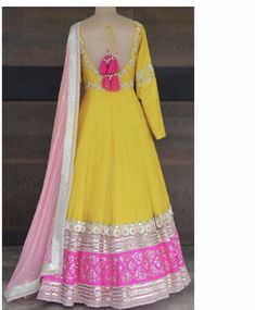 Anarkali Dress Yellow Colour, Yellow And Pink Anarkali, Yellow Floor-length Lehenga With Dupatta, Yellow And Pink Lehenga, Pink Yellow Lehenga, Floral Lehenga, Designer Outfits, Simple Dress, Dress Girl