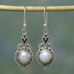 Shimmering pearls of desire center ornate earrings by India's Neeru Goel. Crafted with sterling silver, they are designed to dangle gracefully. Sterling silver & cultured pearls Hook earrings Handmade in & fairly traded from India Modern Silver Jewelry, Handcrafted Silver Jewelry, Silver Jewellery Online, Silver Pearl Earrings, Silver Dangle Earrings, Window Shopping, Sterling Silver Dangle Earrings, Silver Jewelry Handmade, Deco Jewelry